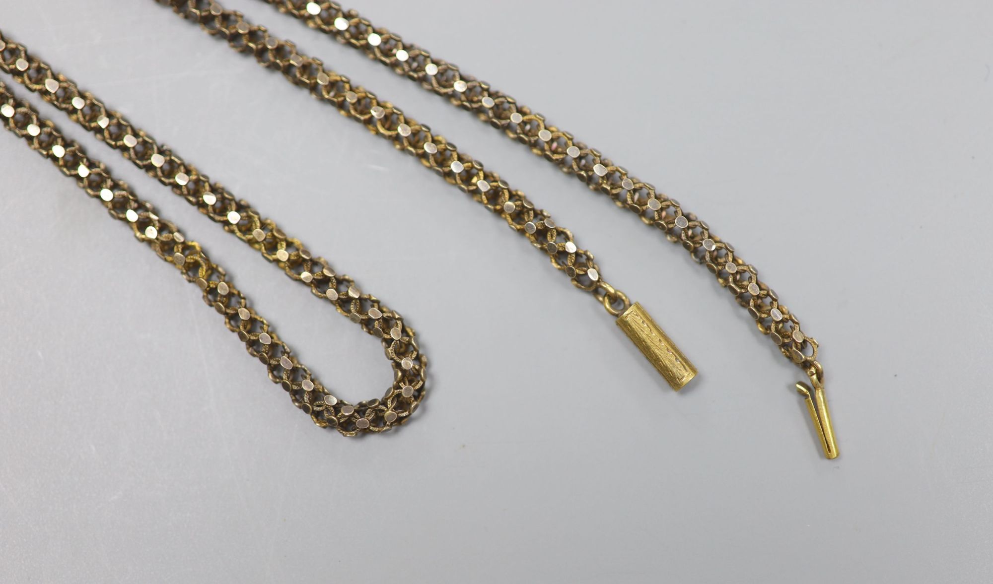 A 19th century yellow metal pierced box link chain, 55cm, 18.6 grams.